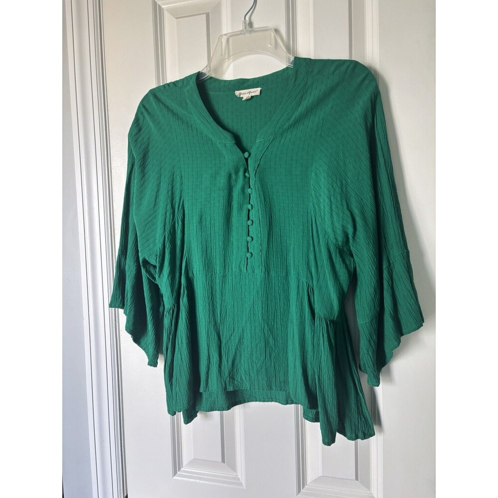 Grand And Green Womens Green Peasant Top Small Boho Button down Dress Shirt Work